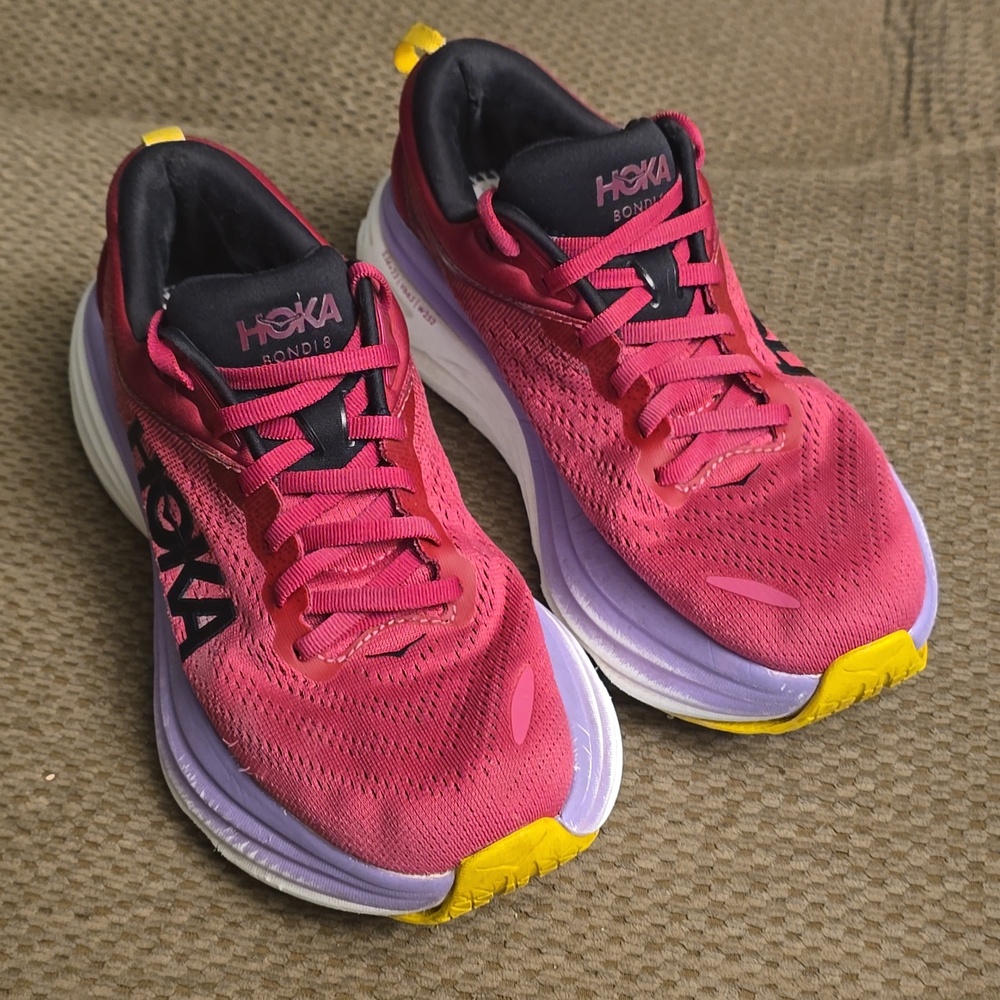 Hoka One One Pink Athletic Running Shoes with Yellow Accents